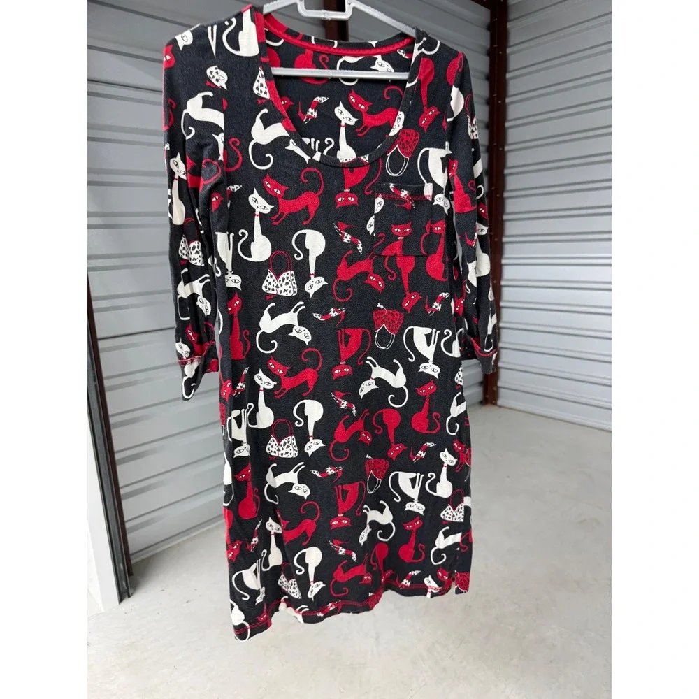 Hue Women Black Red White Cat Print Long Sleeve Sleep Dress Nightgown Pocket